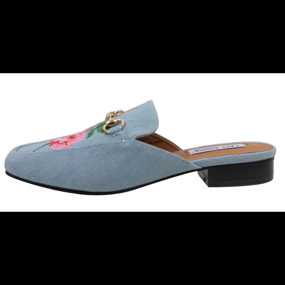 Denim blue Floral Embroidered Slip on Mules - Picture 3 of 7